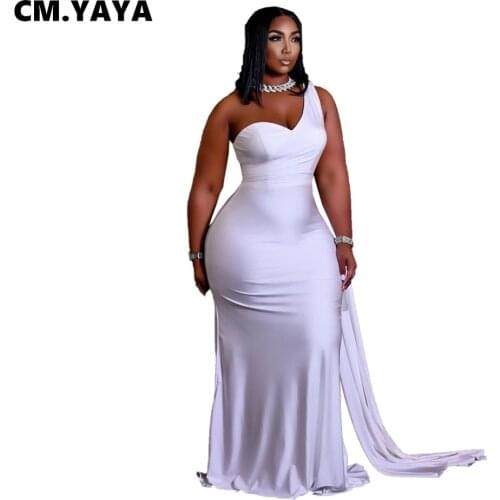 CM.YAYA Women Long Dress Solid One Shoulder Sleeveless Asymmetrical Collar Maxi Trumpet Dresses Vintage Party Vestidos Summer