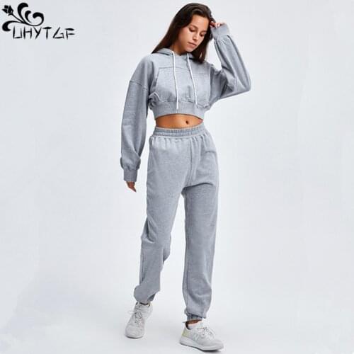 UHYTGF Tracksuit Two Piece Set Women Casual Sports Fitness Long Pant Suit Long Sleeve Hooded Top Streetwear Outfits Female 986