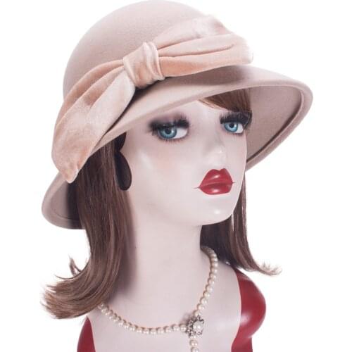 Womens Velvet Bow 100% Wool Felt Cloche Bucket Wide Brim Wedding Church Fedora Hat T477