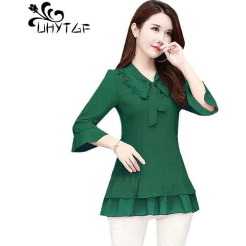 UHYTGF female T-shirt fashion lotus sleeves chiffon summer t-shirt women mid-length harajuku soft casual 5XL plus size shirt 790