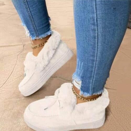 2021 Women Winter Fashion Plush Warm Shoes New Bowknot Flat-Leopard Bottomed Shoes Casual Ladies Indoors Fluffy Slip-On Loafers