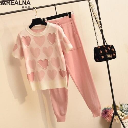 Korean summer Beading Love knitted 2 Peice Set Women fashion short sleeve Sweater Female tops + pants Suit pink casual Tracksuit