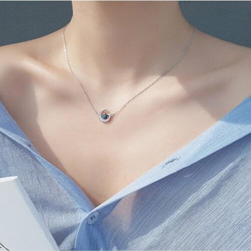 Sweet 925 Sterling Silver Zircon Moon Blue Star Zircon Star Necklaces For Women Choker Collares Birthday Gift NK026