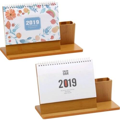 2019 Wooden Desk Standing Yearly Daily Planner Calendar with Pen Pencil Holder for Home Office School Supplies
