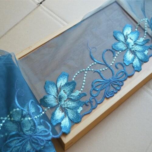 2Yds/Lot 18cm Wide Blue Gazue Big Fluorescent Blue Flower Embroidery High Quality Lace Trim For Undergarments,Wedding Fabric