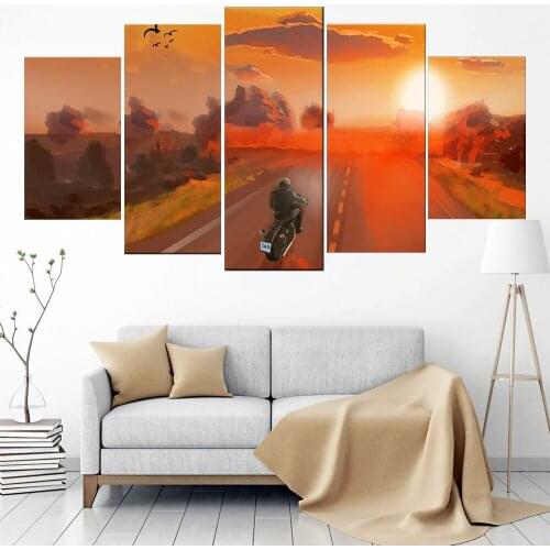 5 Pieces Wall Art Canvas Painting Landscape Poster Sunset Motorcycle Modular Decoration Pictures For Living Room Modern Home