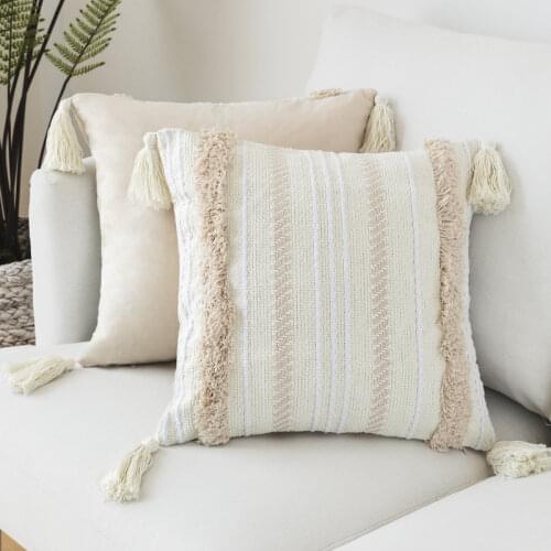 Beige Geometric Embroidery Cushion Cover Tassel Home Decoration Pillowcase 45x45cm /30x5cm Sofa Pillowcase Pillowcase