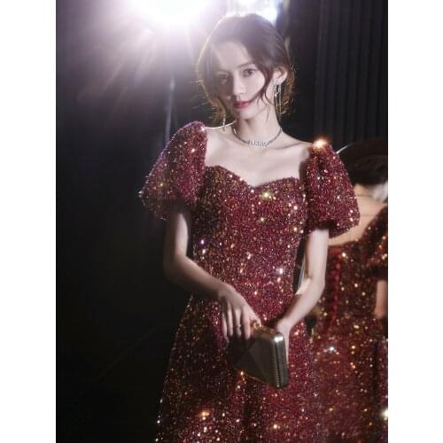 Shiny Burgundy Mermaid Prom Dresses Beading Puff Sleeves Wedding Party Long A-line Formal Ceremony Celebrity Evening Gowns 2021