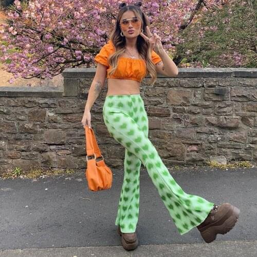 Womens Pants Y2K Heart Green Aesthetic Boot Cut Cargo Pants Harajuku Fashion Joggers Women 2021 Clothes Vintage Party Pants 90S