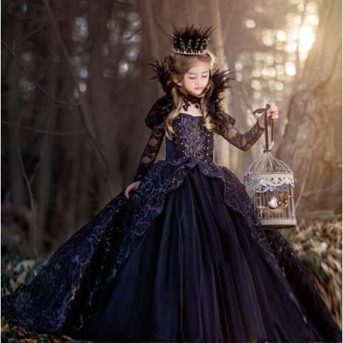 Kids Dresses Floral Girls Dresses Robe Princesse Enfant Fille Shawl Crown Necklace Queen Girl Long Sleeved Princess Dress