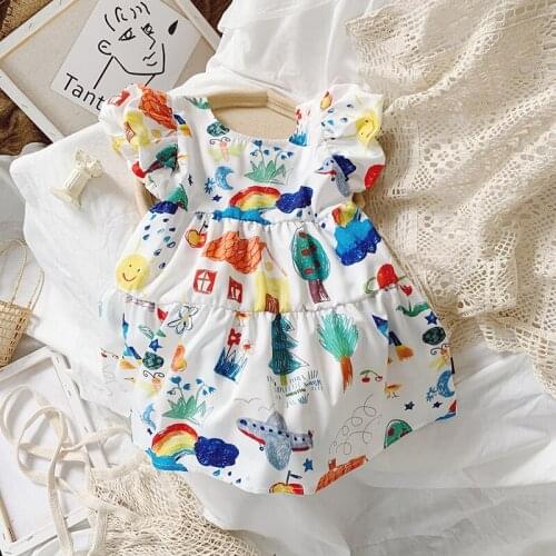 Summer Childrens Short Sleeve O Neck Cartoon Print Backless Cute Girls Dress Kids Dresses vestidos Korean Design Dresses