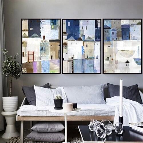 Home Decor Canvas Painting Abstract Blue White Gray City Landscape Decorative Paintings Modern Office Wall Pictures No Frame
