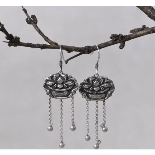 FNJ Lotus Flower Earrings 925 Silver 100% Pure Original S925 Silver Sterling Drop Earring for Women Jewelry Tassel Bead
