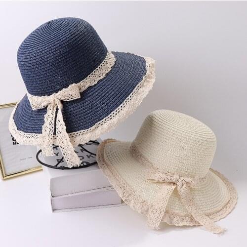 HT3606 Women Summer Sun Hat Elegant Lace Band Bowknot Straw Hat Ladies Packable Fishing Beach Cap Female Solid Bucket Beach Hat