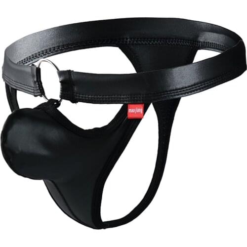 PU Leather Sexy Gay Mens Thongs G Strings Erotic Mens Underwear Penis Pouch Sissy Panties Hole Thong Bikini Men Underpants