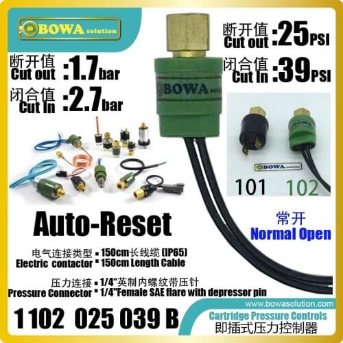 Auto reset cartridge pressure controls is installed in sution lines of compressors and for use with CFC, HCFC, HFC refrigerants