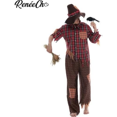 Reneecho Patchwork Scarecrow Adult Costume Red Plaid Men Shirt Pants Hat Set Halloween Costume