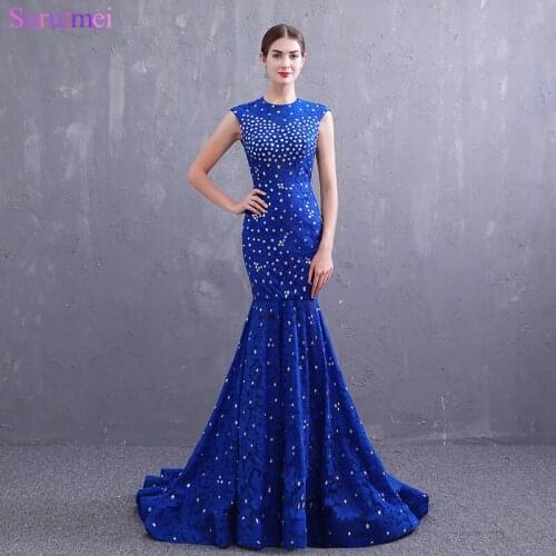 Real Photos Royal Blue Evening Dresses Lace Beaded Crystals O Neck with Cap Sleeeves Mermaid Evening Gown Backless Prom Dresses