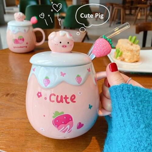 Strawberry Pig Ceramic Cup Korean Girl Cute Mug with Cover and Spoon High Temperature Resistant Pink Couple Coffee Cup