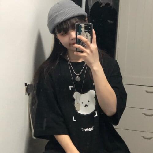 Summer Short Sleeve Women T-Shirt Loose ONeck Hipster Dropshipping Black Punk Vintage Cute Bear Print Clothing Plus Size Hop Hip