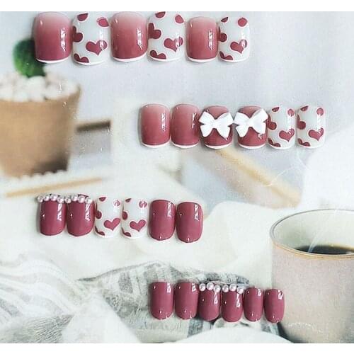 24pcs False Nails With Design Pink And White Love 3D Bow Pearl Print Nail Art Fully Covered Nail Decoration With Glue