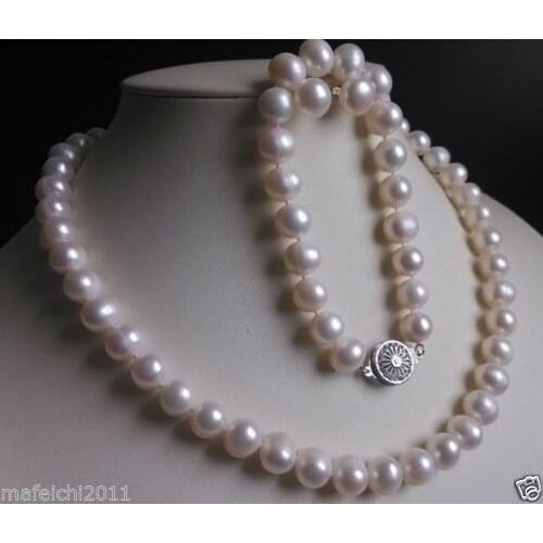 New 9-10MM White Freshwater Cultured Pearl Necklace Bracelet Earrings Set