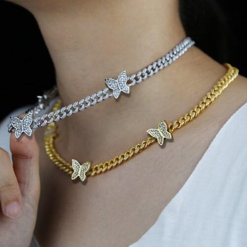 Fashion Punk 11mm Iced Out Cuban Link Chain Necklace for Women Gold Silver Color Rhinestone Butterfly Choker Necklace Jewelry