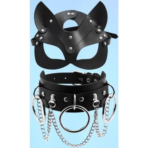 Sexy Leather Mask Women Collar Necklace Masquerade Halloween Carnival Cosplay Cat Bunny Masks Party Mask