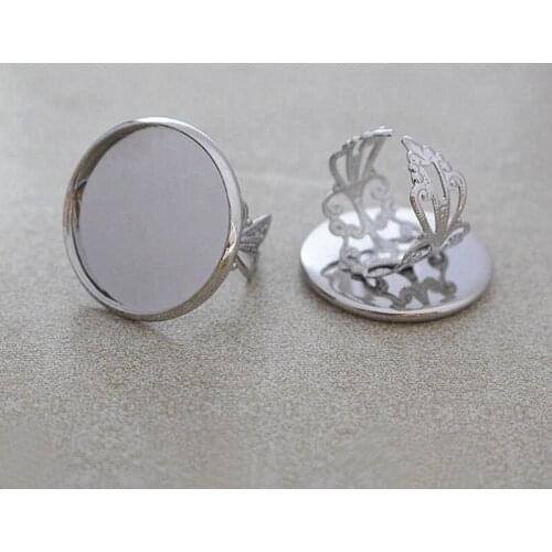 Blank Open Ring Settings with Round Smooth Bezel Resin Cabochons Bases Filigree Flower Rings DIY Findings Rhodium tone Plated