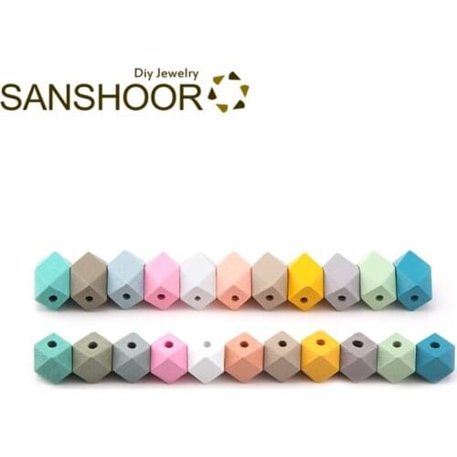 SANSHOOR Rainbow Colors Hexagon Geometric Wood Beads Fit Diy Key Chains Handmade Baby Teething Women Necklace Earrings 30pcs