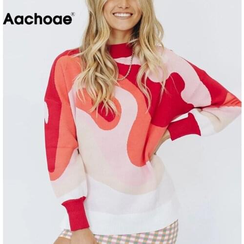 Aachoae Women Casual O Neck Printed Sweaters Vintage Batwing Long Sleeve Jumper Tops Autumn Female Casual Loose Sweaters
