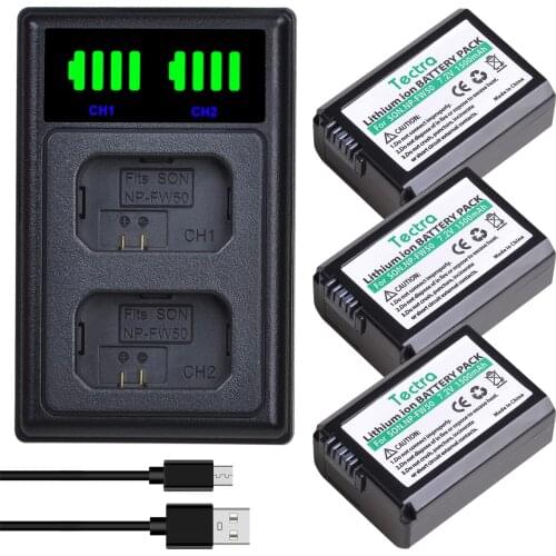 Tectra 1500mAh NP-FW50 NP FW50 NPFW50 Battery Akku+LCD Dual for Sony Alpha a6500 a6300 a6000 a5000 a3000 NEX-3 a7 7R a7R a7R II