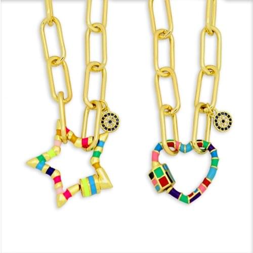CZ Pave Screw Clasp Necklaces for Women Boho Jewerly Star Heart Carabiner Pendant Necklace Geometric Link Chain collar arcoiris