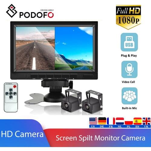 Podofo 1080P HD DVR Screen Split Monitor Waterproof Car Rear View Backup Reversing Camera With Night Vision For Truck Trailer