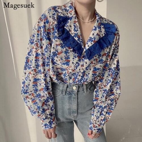 Korean Floral Printed Women Tops Spring Retro Fashion Hollow Out Lace Lapel Shirt New Vintage Lantern Sleeve Loose Blouse 14286