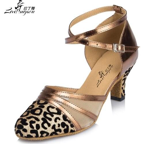 Ladingwu Leopard texture Flash Cloth and Mesh Womens Closed Toe Ballroom Latin Dance Shoes Colors Golden/Silver/Black