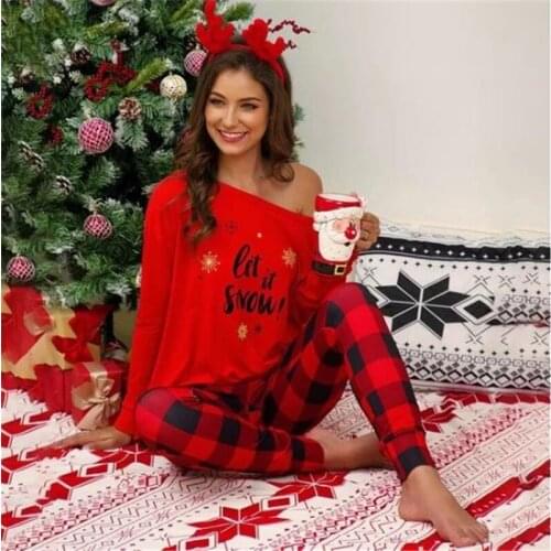 Women Christmas Plaid Letter Print Pajama Set Long Sleeve T-Shirt Top + Pants Pajamas Nightwear Sleepwear Xmas Black Red White