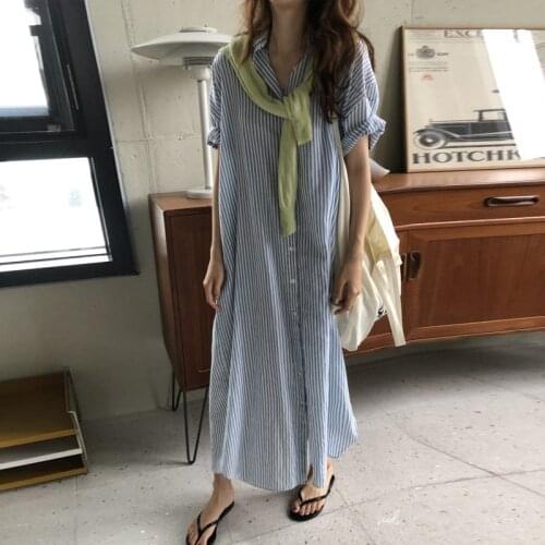 Johnature Casual Striped Shirt Dresses 2021 Summer Korean New Turn-down Collar Loose Button Short Sleeve Women Dress