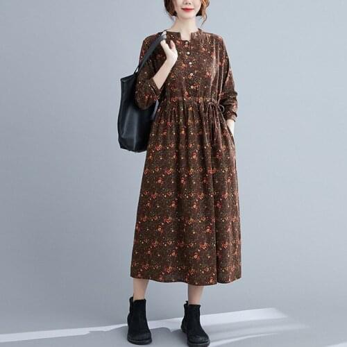Women Cotton Linen Casual Dress New 2021 Autumn Vintage Style Floral Print Loose Ladies Elegant A-line Long Dresses B1034