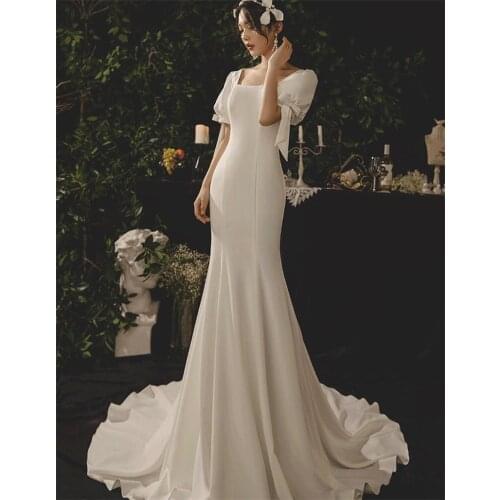 Backless Sweep Train Mermaid Wedding Dresses for Women Puff Sleeve Square Collar Elegant Brides Dress White Simple Bridal Gown