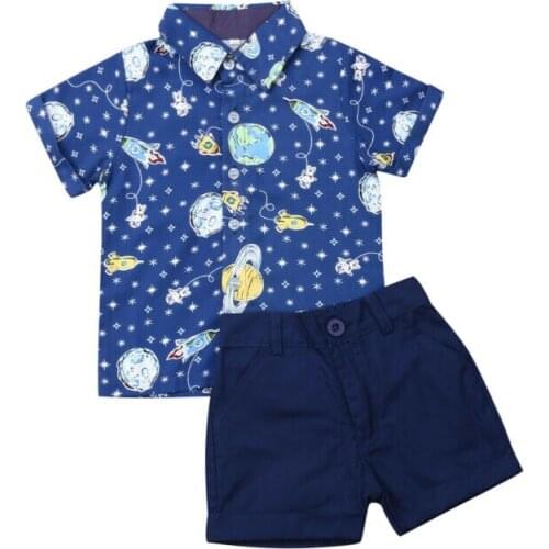 2019 Toddler Kids Baby Boy Clothes Set Summer Short Sleeve Blue Formal Gentleman Universe Shirt Shorts Suit Clothing 2Pcs