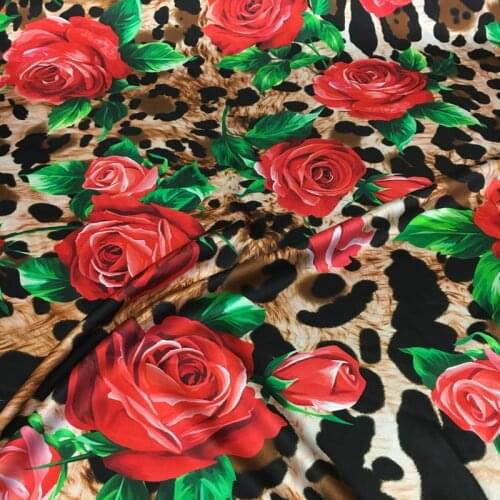 2021 stretch satin silk fabric European and American brand leopard rose digital printing high fashion dress fabric
