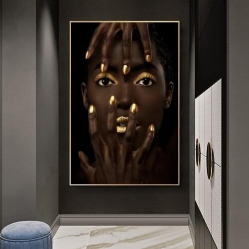 African Woman Art With Gold Sexy Lips Canvas Paintings On The Wall Art Posters And Prints Black Girls Art Pictures Home Decor