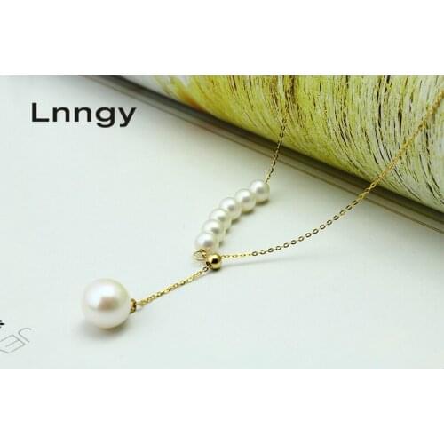 Lnngy 18K Yellow Gold Necklace Natural Freshwater Pearl Pendant Necklace 2020 New Top Quality Women Genuine Gold Link Chain gift