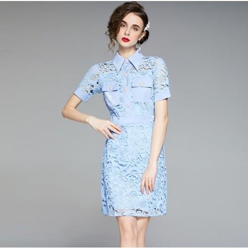 JSXDHK 2021 Summer Hook Flower Lace A Line Dress Elegant Women Diamonds Button Hollow Out Patchwork Shirt Collar Blue Dresses