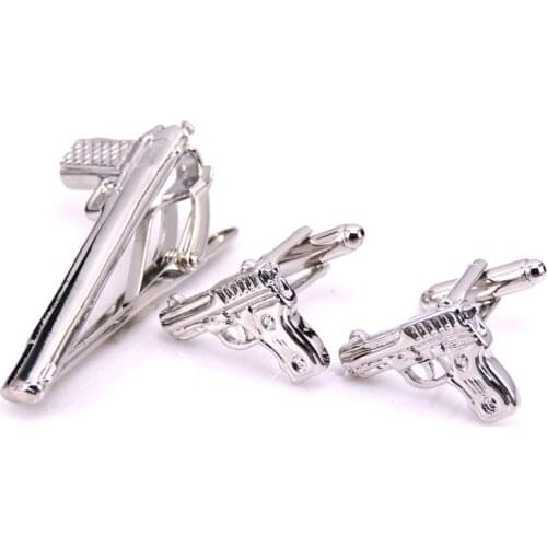 XKZM Classic stripe Luxury Men Cufflink and Tie Clip Set Pistol modeling Tie Clips Set Brand Business Shirt Cuff Links Bar Set