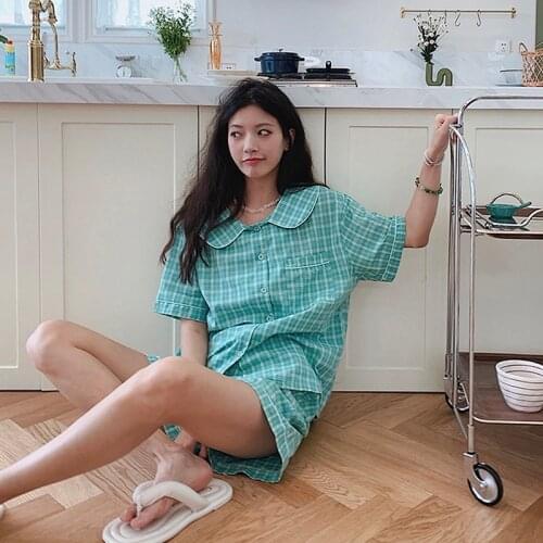 Summer Womens Sleepwear Green Plaid Short Sleeve Pajama Sets.Lady Girl‘s Cotton Turndown Collar Pyjamas Set Cute Home Nightwear