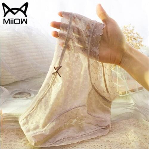 MiiOW 4 Pieces of Ice Silk Underwear Female Lace Sexy Mid-waist Seamless Silk Bottom Crotch Hollow Transparent Thin Briefs