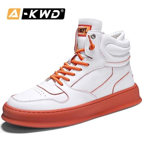 New Arrival Black-Yellow Black-Orange White-Orange Sneakers Men Male Footwear Chaussures Homme Thick Bottom Mans Shoes Fashion Casual Shoe Autumn Breathable Man Shoes Leather Genuine Korean Version of Wild Tides Shoes