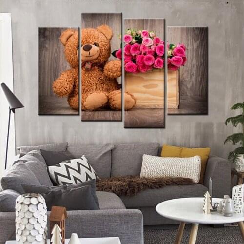 4 Panel Teddy Bear Flowers full square round drill diy diamond painting set 5d diamond mazayka embroidery kids room decorZP-2213